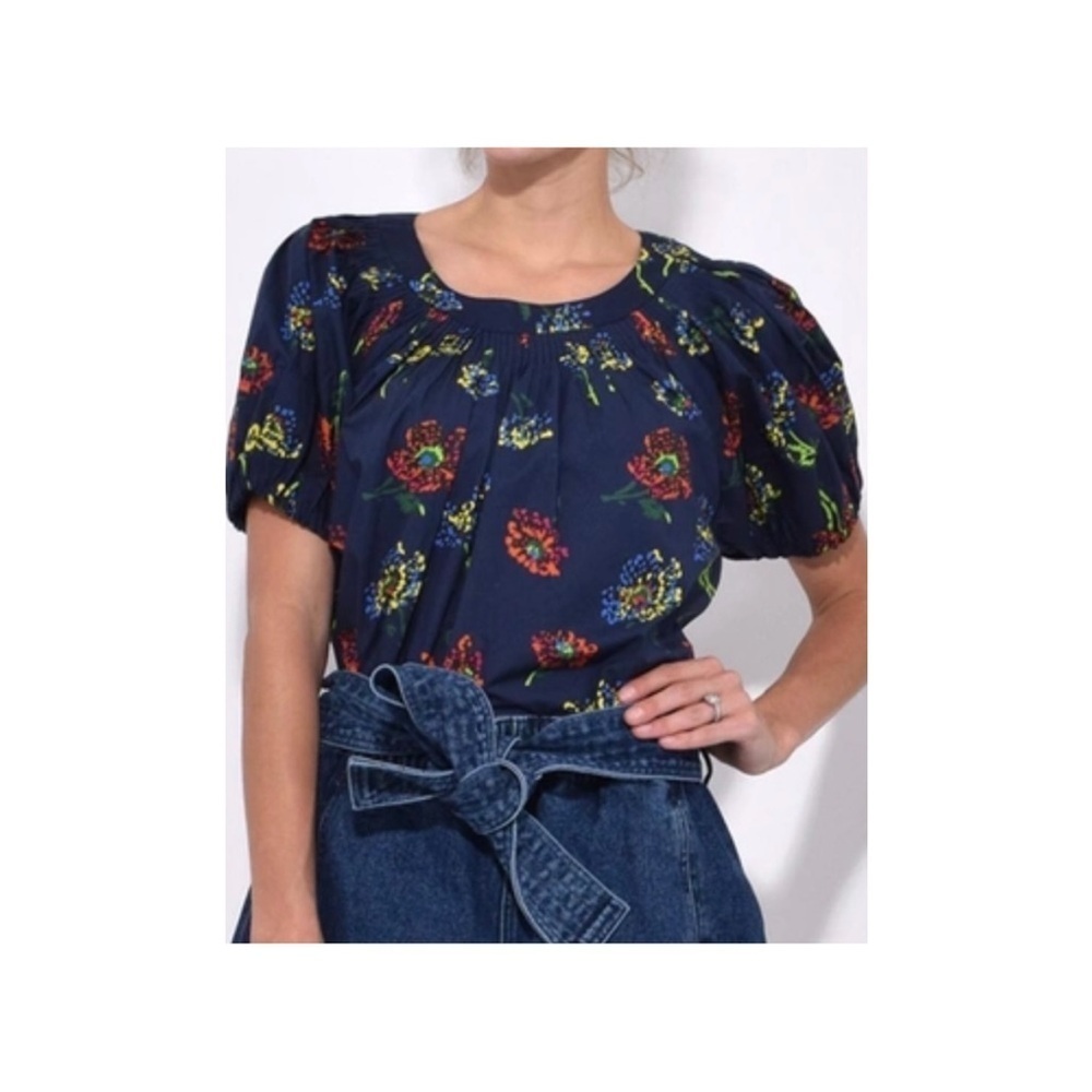Ulla Johnson Celine Top Midnight Floral Cotton Smocked Puff Sleeve Blouse Size 0